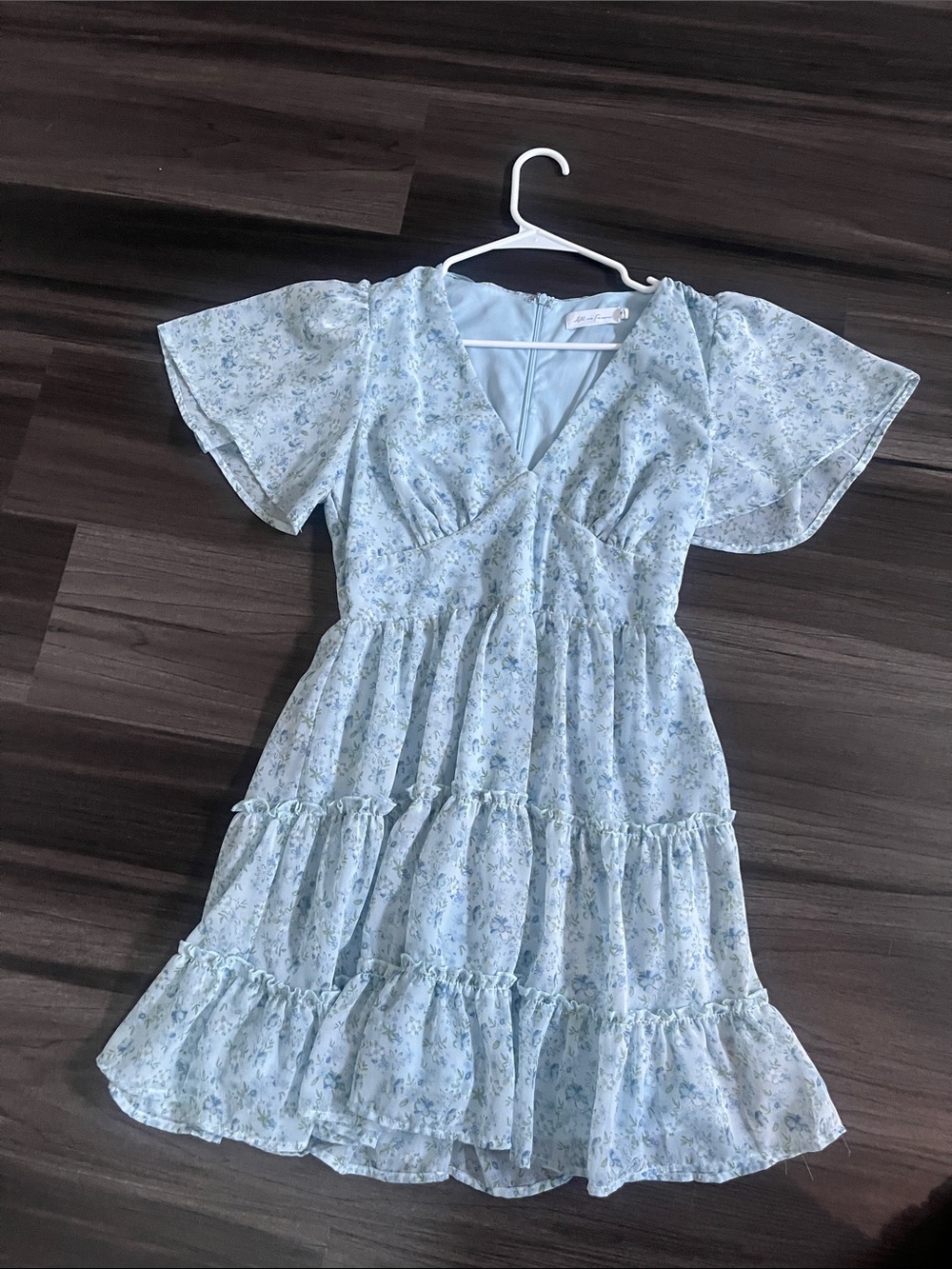 All in Favor Light Blue Floral Tiered V-Neck Dress